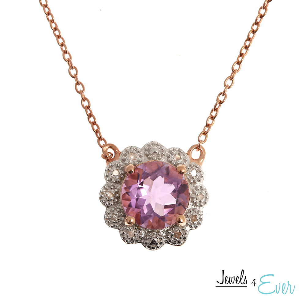 Rose Gold plated Sterling Silver 8mm genuine Amethyst & Diamond Pendant with chain