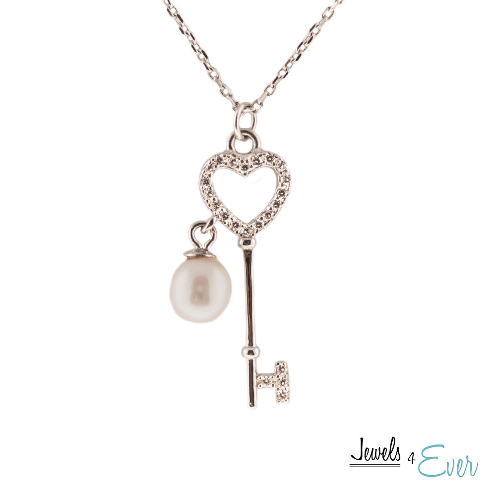 Sterling Silver Key Pendant Necklace with Cultured Pearl