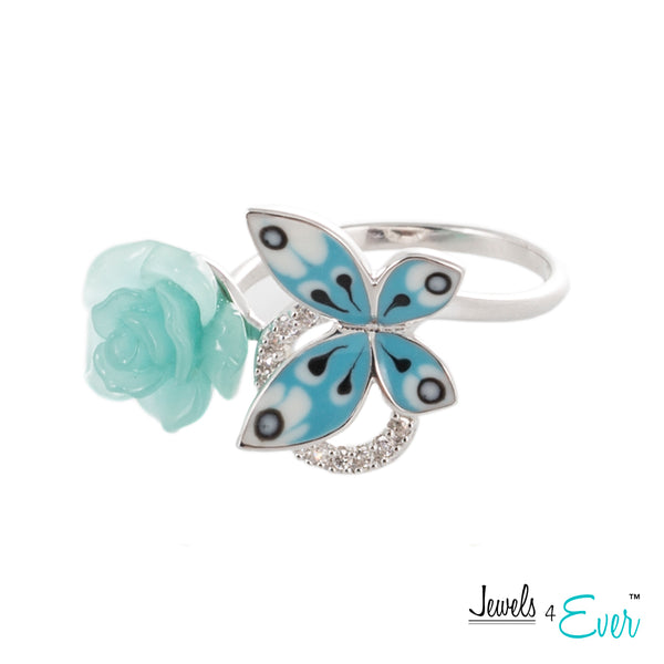 Sterling Silver Enamel  Butterfly, Glass Flower and CZ Ring