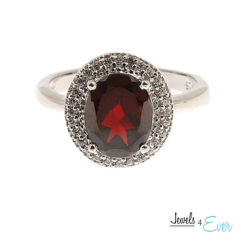 Sterling Silver Ring set with 10 x 8 mm genuine Garnet and Cubic zirconia