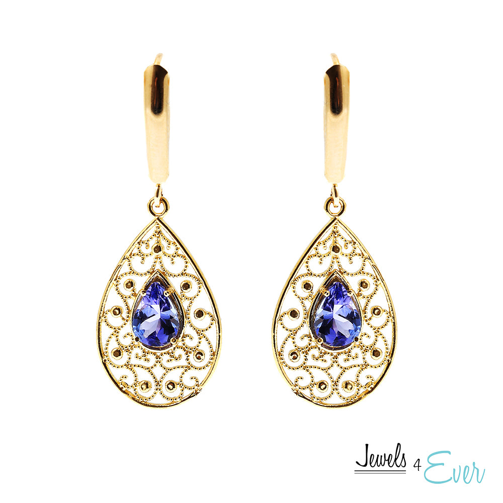 10K Gold genuine Tanzanite Filigree Earrings