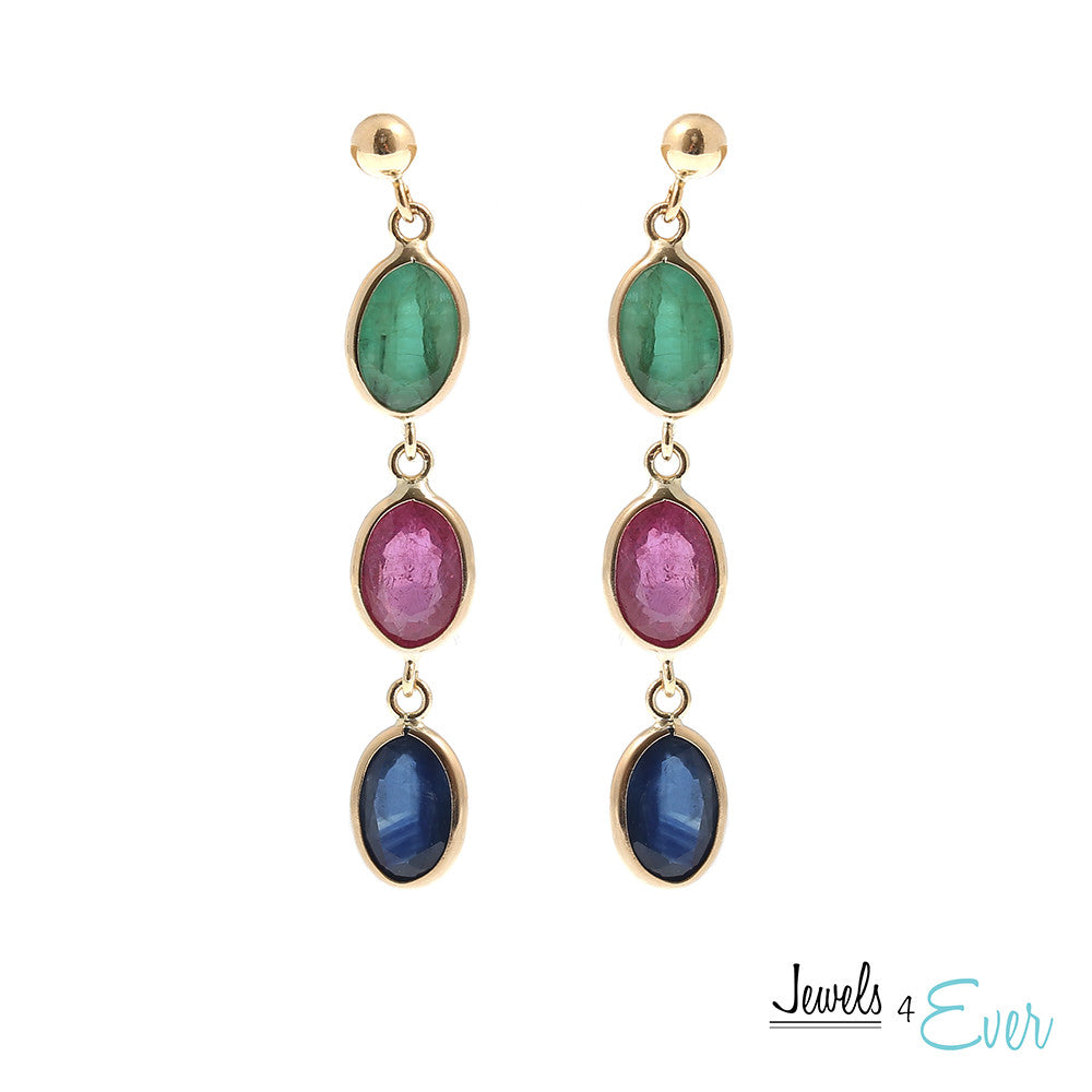 14kt Yellow Gold Earrings set with 7 x 5 mm genuine Ruby Sapphire and Emerald