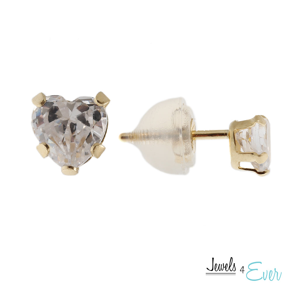 14K Yellow Gold 4 mm Cubic zirconia heart stud Earrings