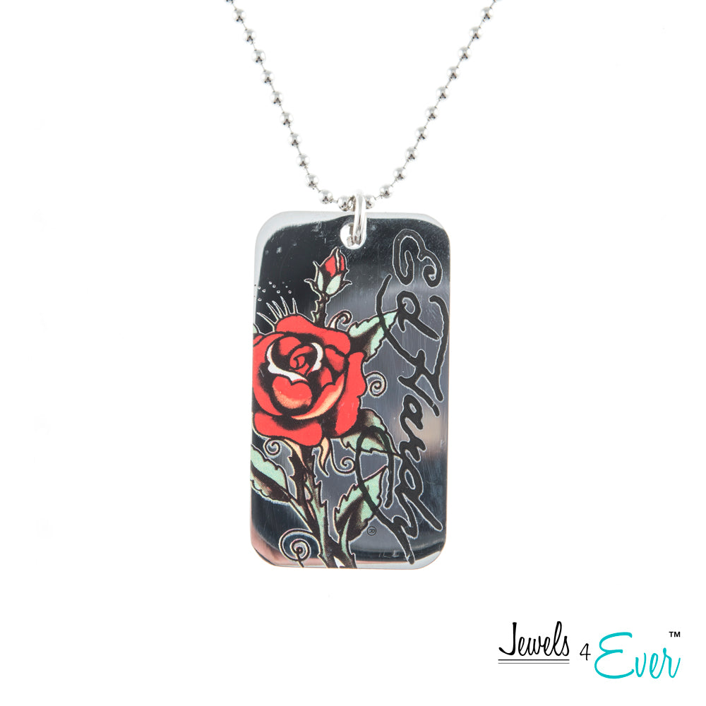 Authentic ED Hardy Red Rose Dog Tag Pendant with 24 inch Bath Tub (Ball) Chain