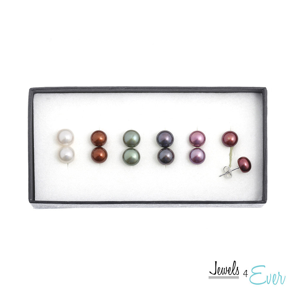 Set of 6 Sterling Silver Coloured Freshwater Pearl Earrings