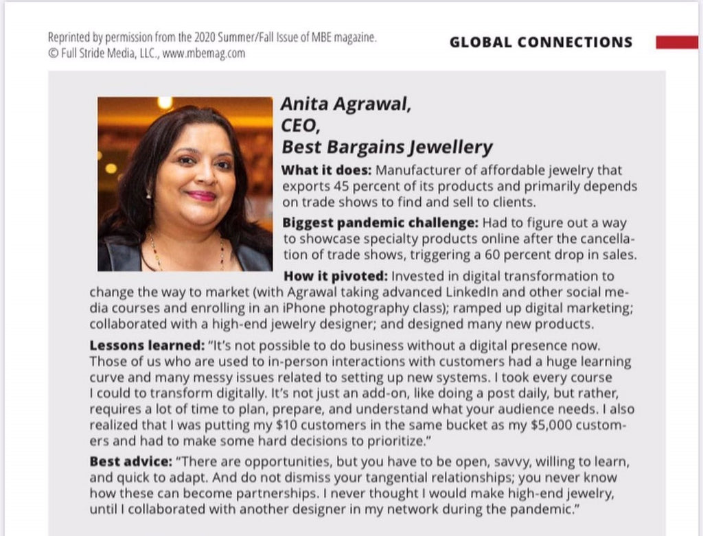 Best Bargains / Jewels 4 Ever CEO Anita Agrawal was recently interviewed by Susan Baka for MBEmag on how small businesses are pivoting during the pandemic.