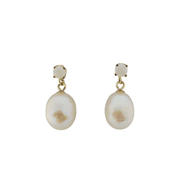 14K Yellow Gold Earrings Set With Freshwater Pearl and 3mm Genuine Gemstone