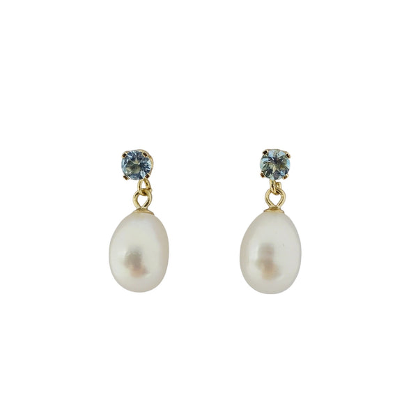 14K Yellow Gold Earrings Set With Freshwater Pearl and 3mm Genuine Gemstone