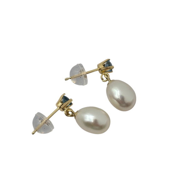 14K Yellow Gold Earrings Set With Freshwater Pearl and 3mm Genuine Gemstone