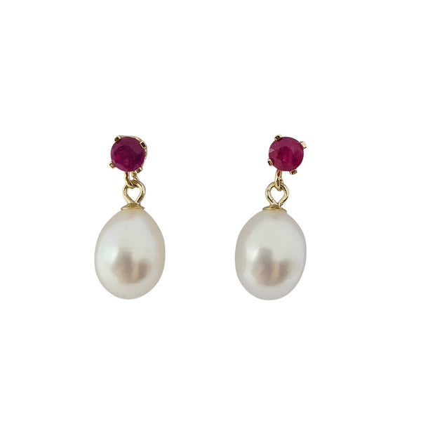 14K Yellow Gold Earrings Set With Freshwater Pearl and 3mm Genuine Gemstone