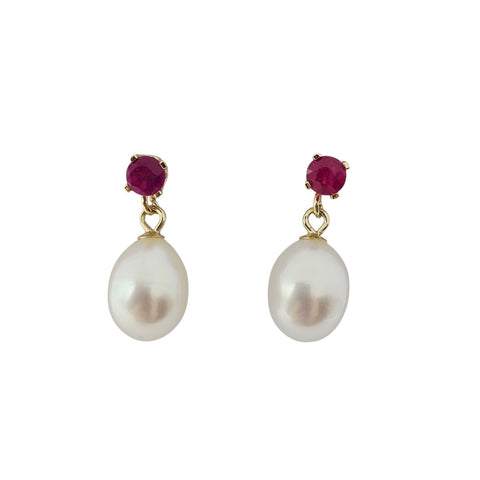 14K Yellow Gold Earrings Set With Freshwater Pearl and 3mm Genuine Gemstone