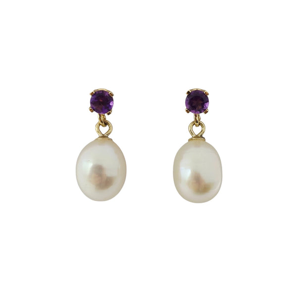 14K Yellow Gold Earrings Set With Freshwater Pearl and 3mm Genuine Gemstone