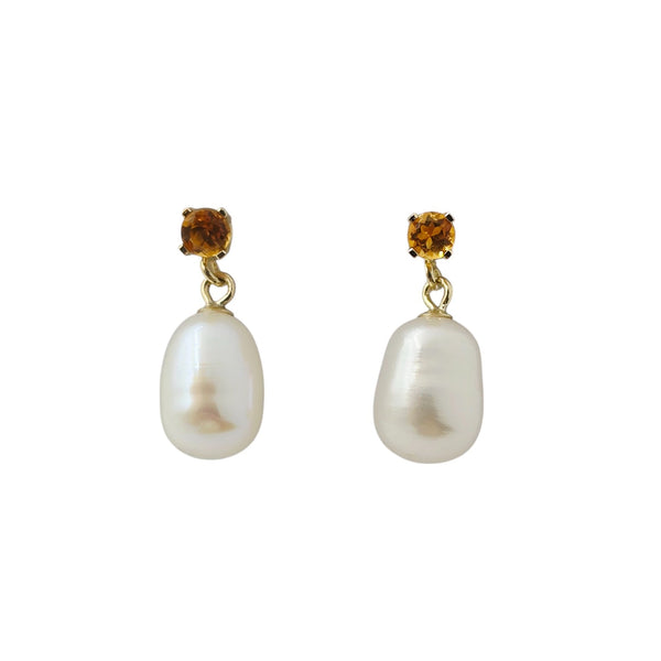 14K Yellow Gold Earrings Set With Freshwater Pearl and 3mm Genuine Gemstone