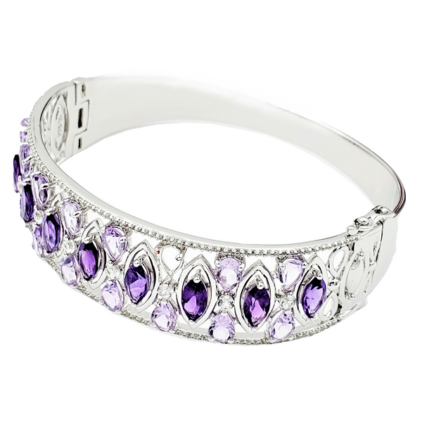 Sterling Silver High Finish Natural Amethyst and CZ Bangle
