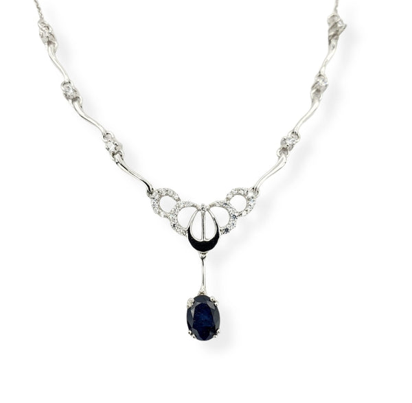 Sterling Silver 8X6mm Gemstones and CZ Set of Earrings and Necklace