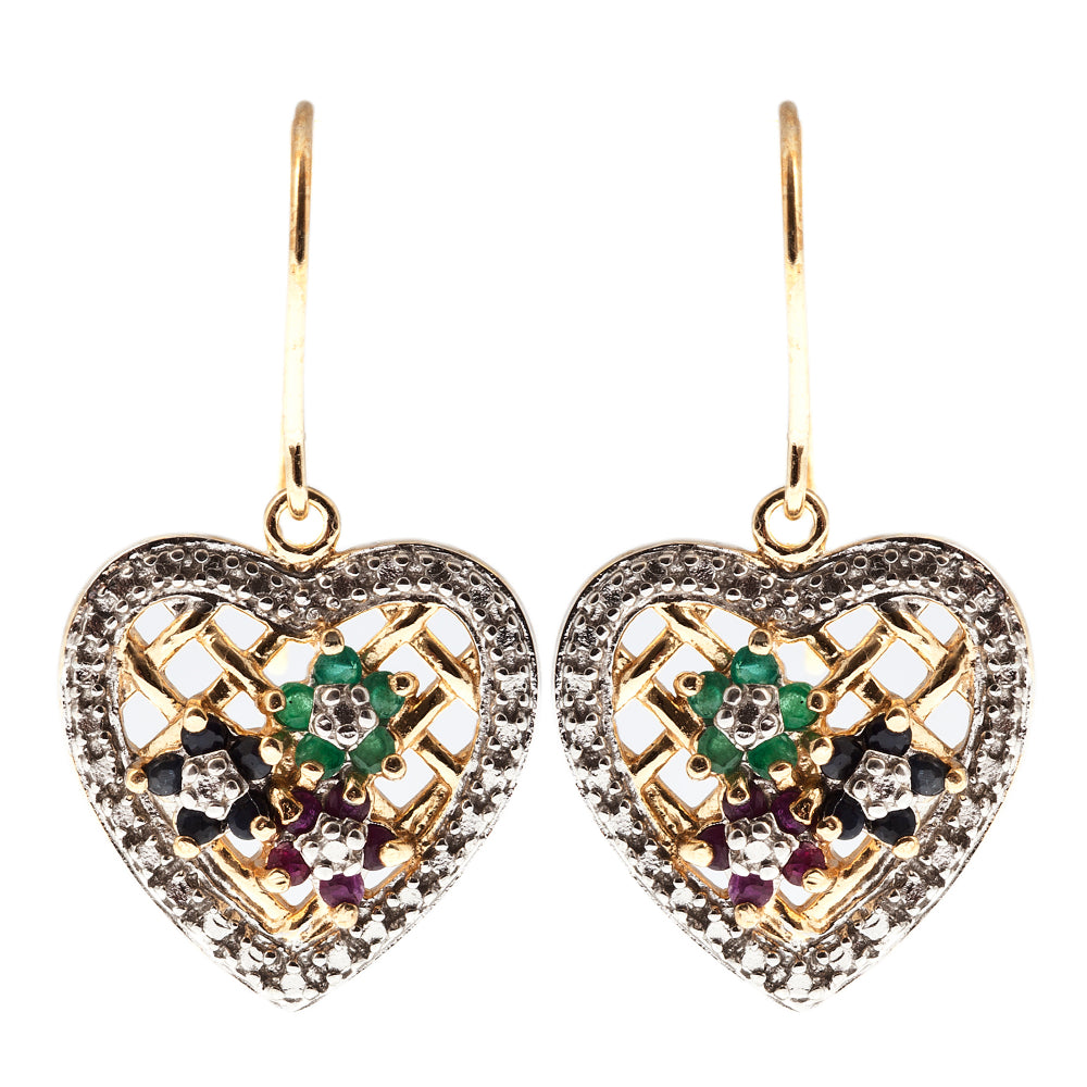 Sterling Silver Gold Plated Emerald, Sapphire, Ruby Earrings