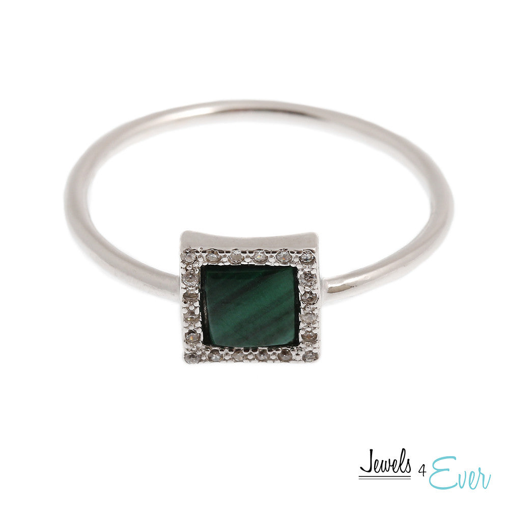 Sterling Silver Ring set with Malachite and Cubic zirconia