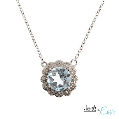 Sterling Silver 8mm genuine Blue Topaz & Diamond Pendant with chain