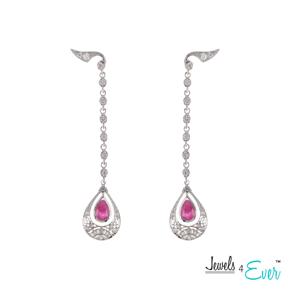 Sterling Silver Art-Deco style Drop Earrings set with 6x4mm Genuine Gemstone & CZ