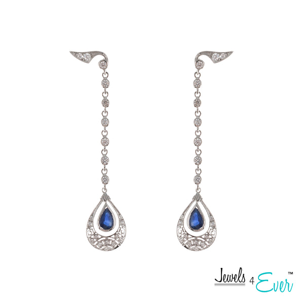 Sterling Silver Art-Deco style Drop Earrings set with 6x4mm Genuine Gemstone & CZ