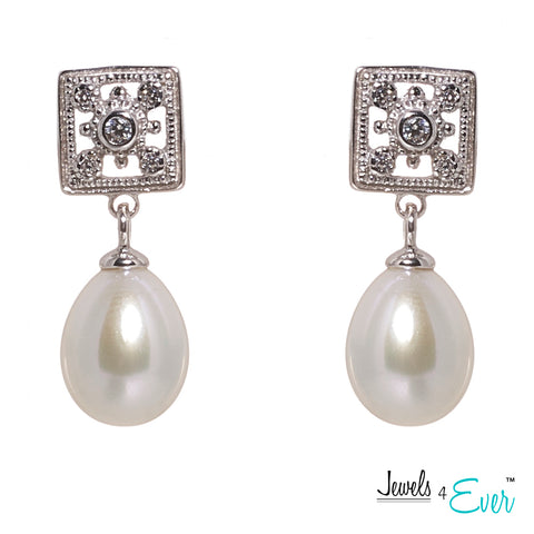 Jewels 4 Ever's CZ Genuine Freshwater Pearls  925 Sterling Silver Earrings
