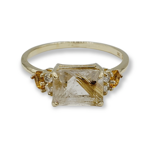 10K Yellow Gold Ring Set With Genuine Gemstones 8x6mm and Diamonds