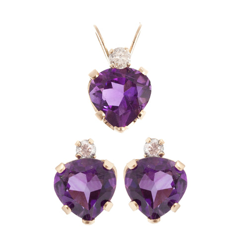 10K Yellow Gold genuine Amethyst Heart shaped Pendant and Earrings Set