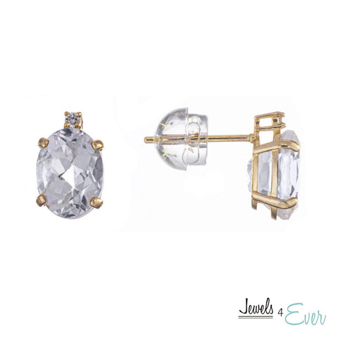 10KT Yellow Gold 8 x 6 mm Genuine Gemstone with Diamond Stud Earrings