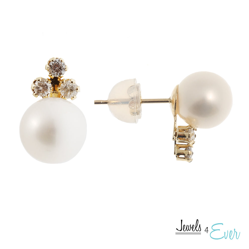 14K Yellow Gold Freshwater Pearl and Diamond Earrings