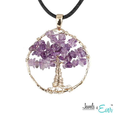Brass Genuine Gemstone Tree of Life Pendant with Cord