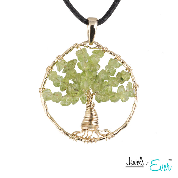 Brass Genuine Gemstone Tree of Life Pendant with Cord