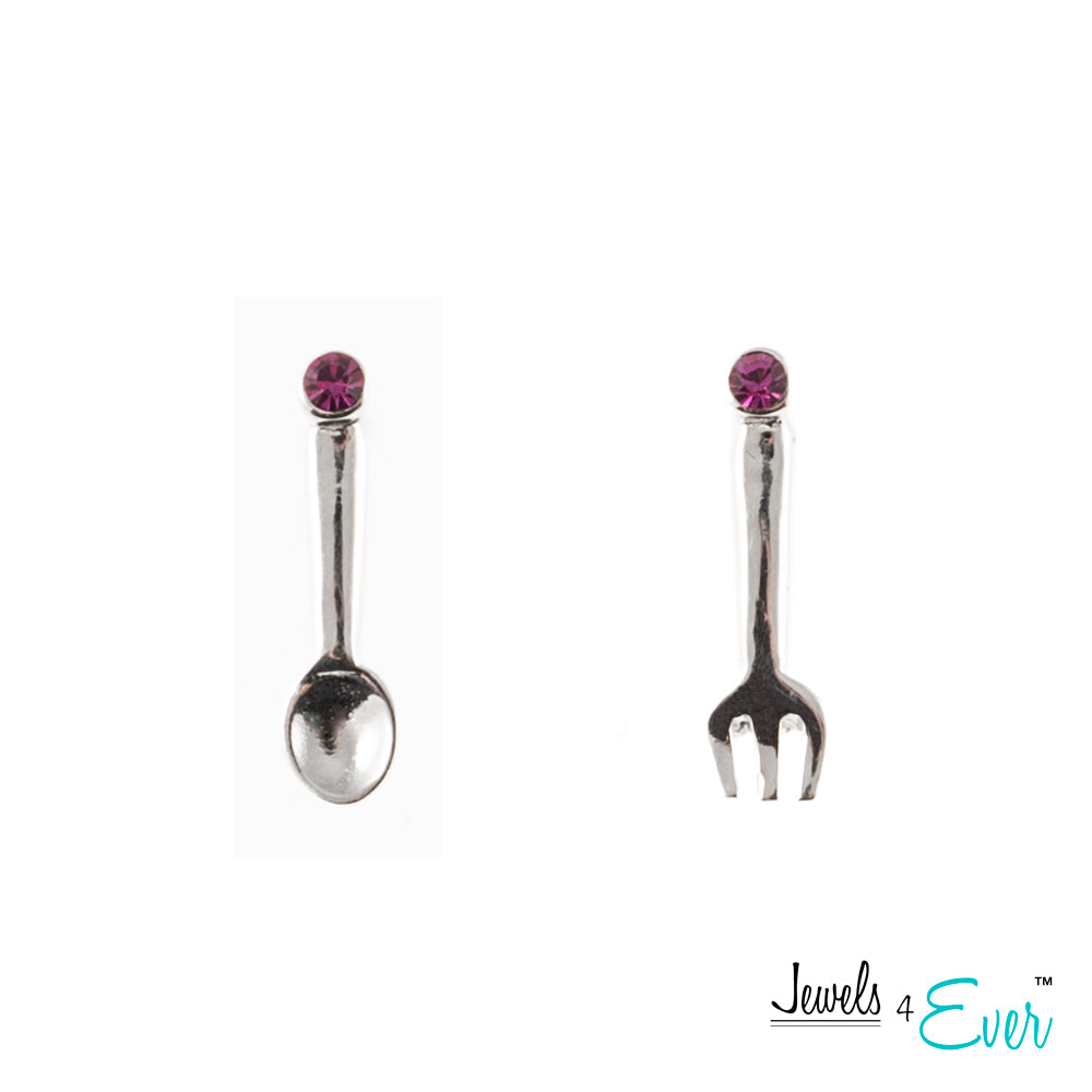 Sterling Silver Fork and Spoon Pink Rhinestone Earrings