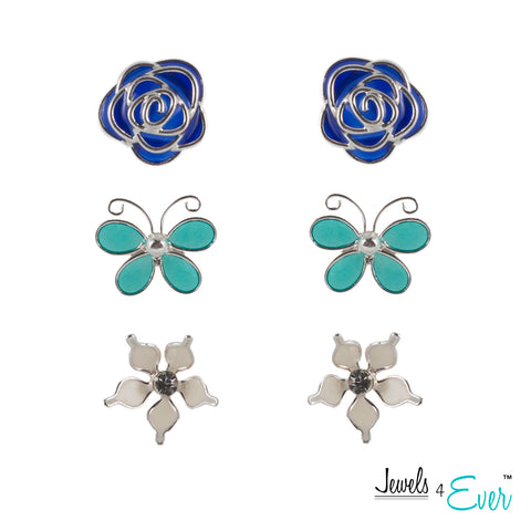 Spring Time Trio of Sterling Silver Enamel Stud Earrings, Navy Rose, Turquoise Butterfly & White Lily
