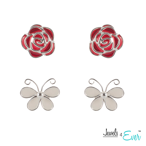 Classic Duo Sterling Silver Enamel Stud Earrings, Butterfly and Rose