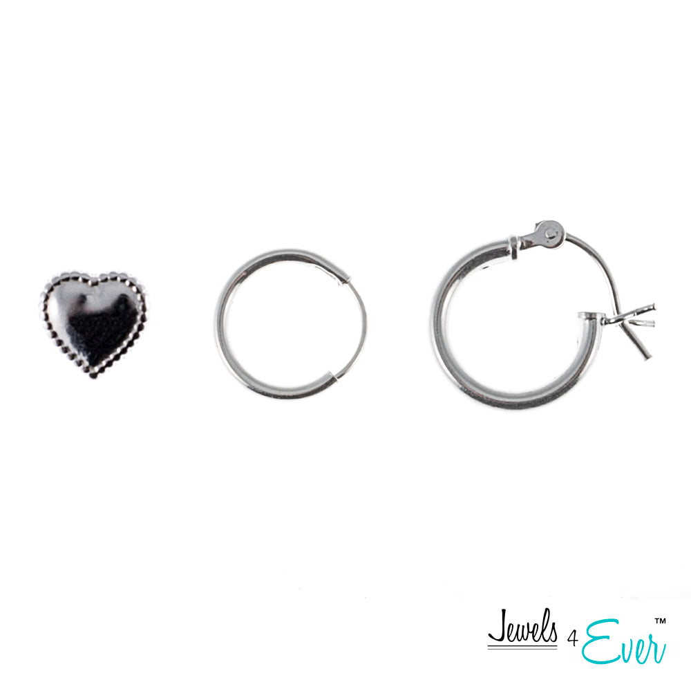 Duo of Sterling Silver Hoop Earrings and One Pair of heart shaped Studs