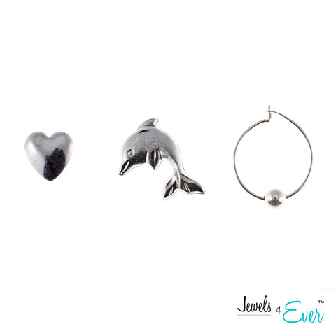 One Pair of Sterling Silver Ball Hoop Earrings and Two Pairs of Studs (Heart shaped, Dolphin)
