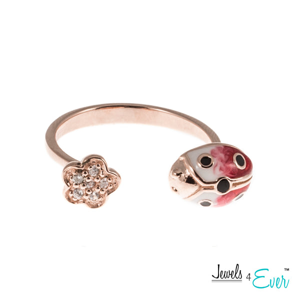 Sterling Silver Enamel Ladybug and CZ Adjustable Ring