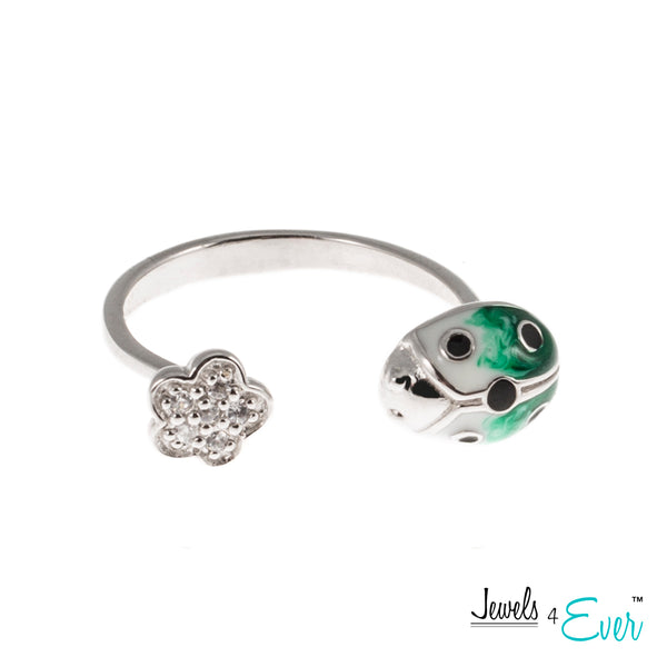 Sterling Silver Enamel Ladybug and CZ Adjustable Ring