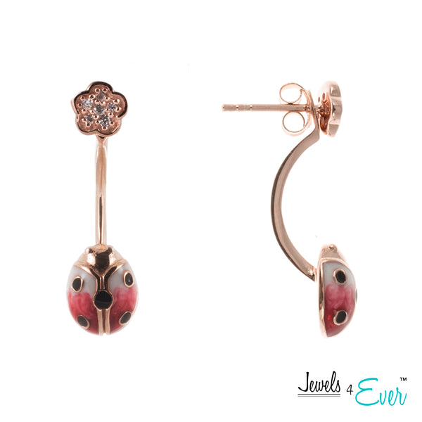 Sterling Silver Enamel Ladybug and CZ Double Drop Earrings
