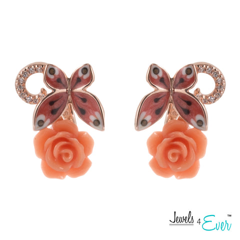 Sterling Silver Enamel  Butterfly, Glass Flower and CZ Earrings