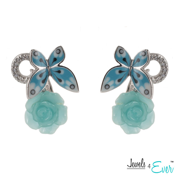 Sterling Silver Enamel  Butterfly, Glass Flower and CZ Earrings