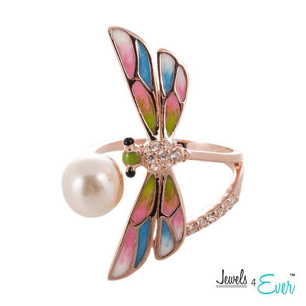 Sterling Silver Enamel Dragonfly and Freshwater Pearl Adjustable Ring
