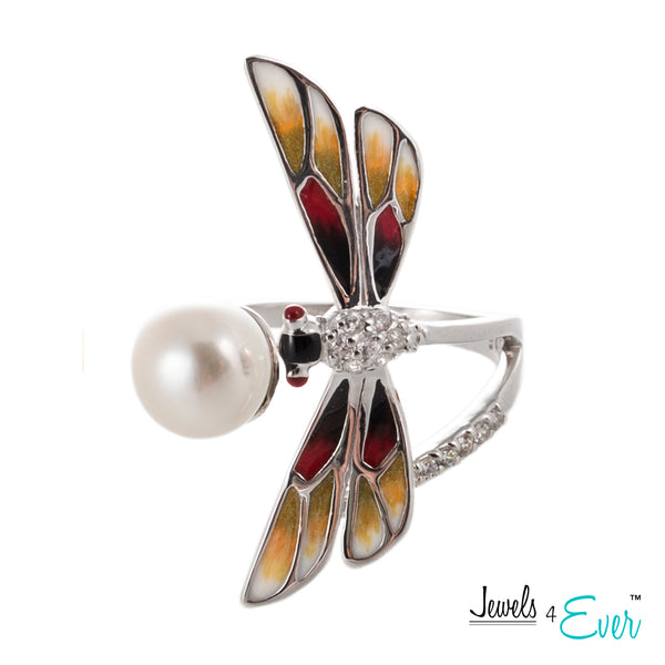 Sterling Silver Enamel Dragonfly and Freshwater Pearl Adjustable Ring