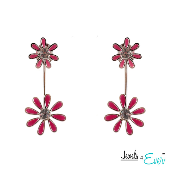 Sterling Silver Daisy Enamel and CZ Double Drop Earrings