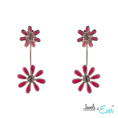 Sterling Silver Daisy Enamel and CZ Double Drop Earrings
