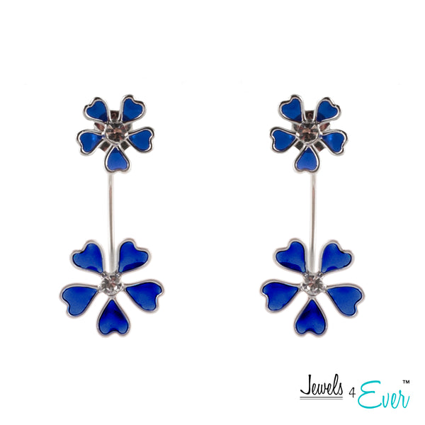 Sterling Silver Daisy Enamel and CZ Double Drop Earrings