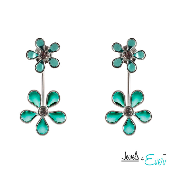 Sterling Silver Daisy Enamel and CZ Double Drop Earrings