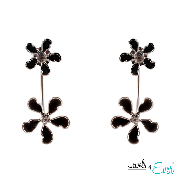 Sterling Silver Daisy Enamel and CZ Double Drop Earrings