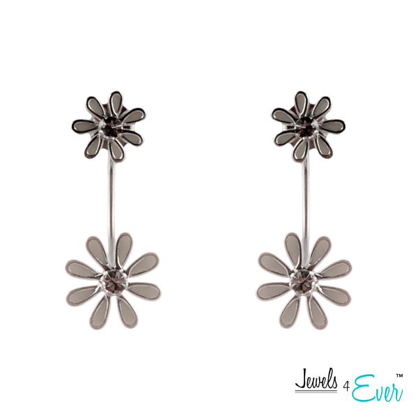 Sterling Silver Daisy Enamel and CZ Double Drop Earrings