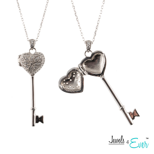 Sterling Silver CZ Key to My Heart and Forever Love Locket Pendant with Chain